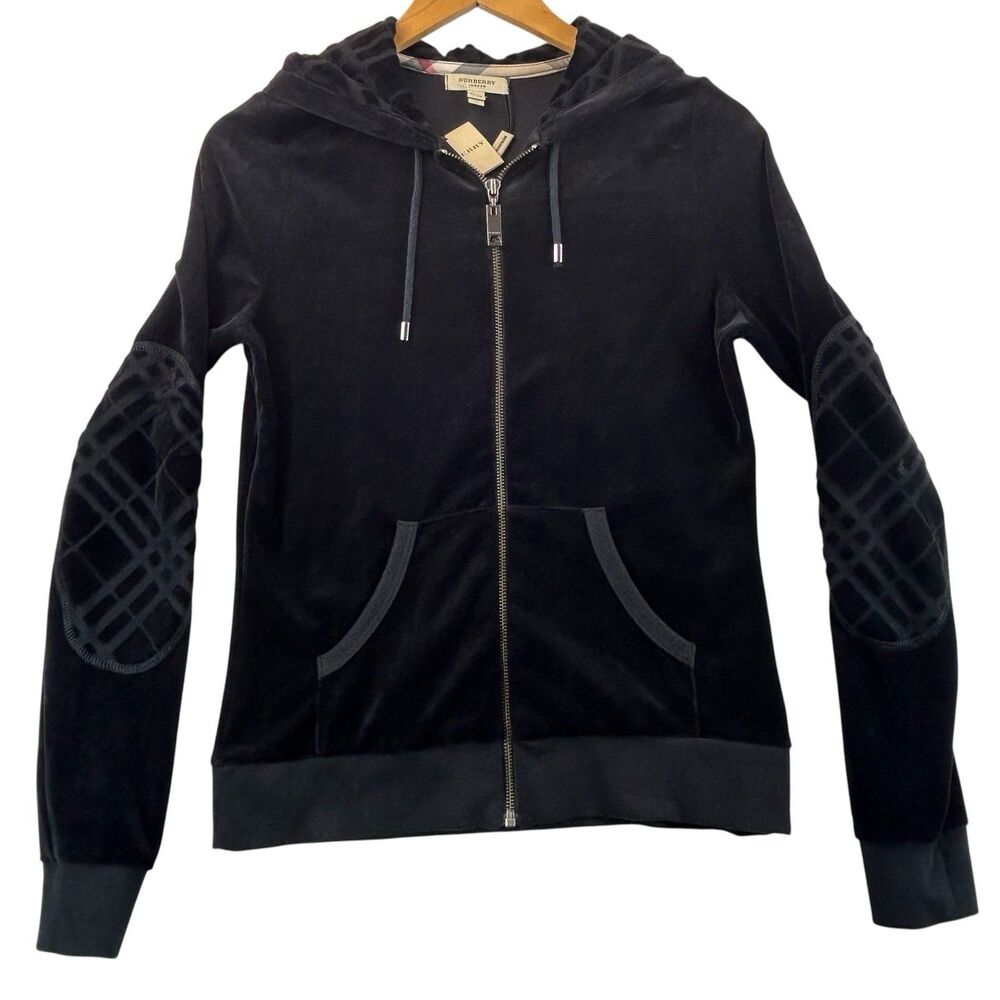 Burberry London Velour Hoodie Jacket Women's Sz M Full Zip Black Check Elbow NWT